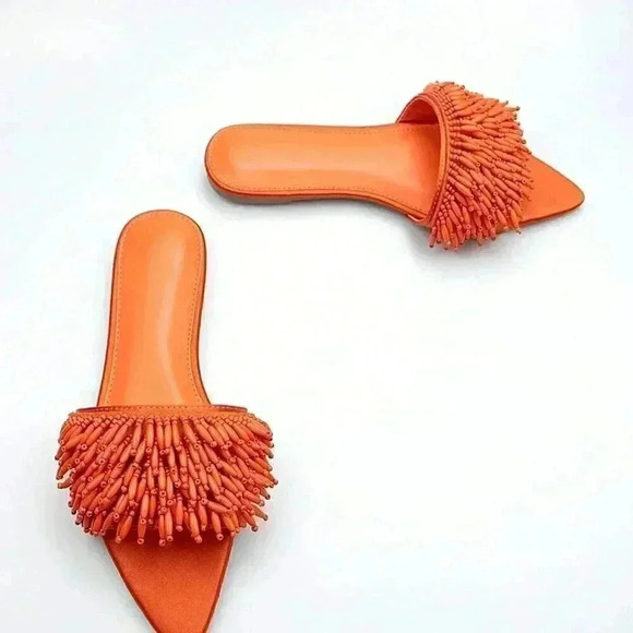 Orange Funky Women's Bead Embroidery Decorated Fabric Flat Comfortable Sandals - Picture 4 of 4